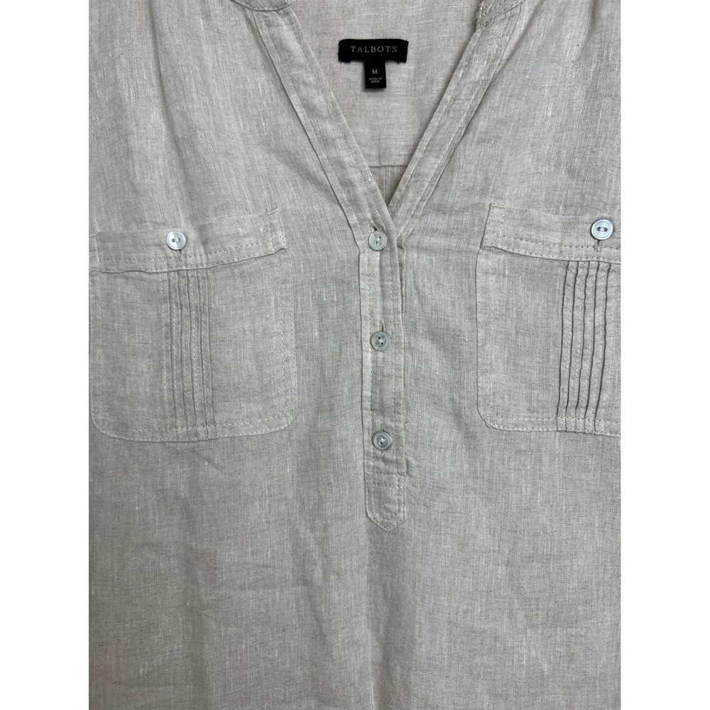 Talbots Linen Henley Blouse Women Size M‎ Beige Roll Tab Sleeve Pintuck F17 - Picture 9 of 13